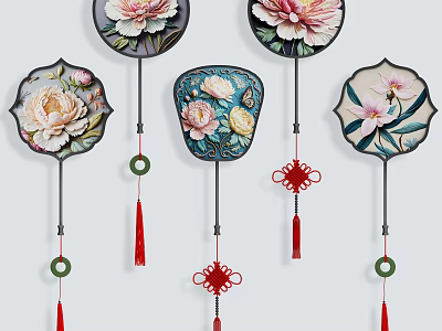 Chinese Style Floral Hanging Decorations With Various Shapes Colorful Peony Patterns And Decorative Tassels 3d model