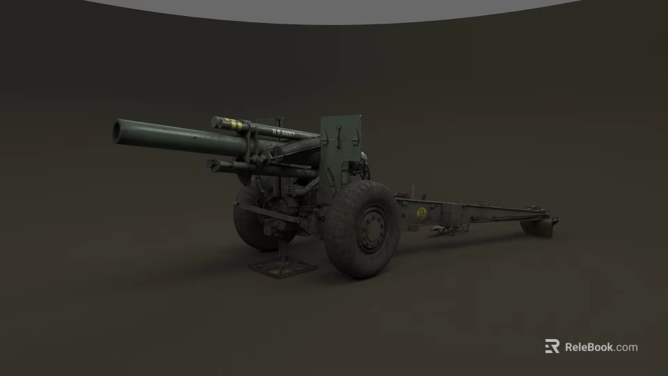 Military Green Towed Cannon Weapon With Barrel Carriage And Wheels 3d model 