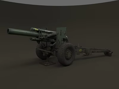 Military Green Towed Cannon Weapon With Barrel Carriage And Wheels 3d model