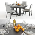 Elegant Round Dining Table Set With Chairs Tableware Wine Glasses Oranges And Candles 3d model