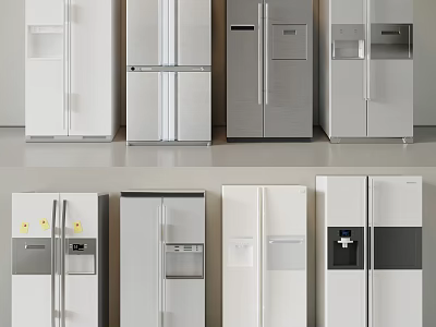 Modern Refrigerators And Freezers With Various Door Styles White Silver Gray Finishes In Kitchen 3d model
