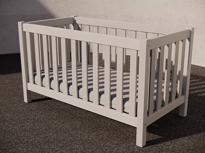 Classic White Wooden Baby Crib With Simple Slatted Railings For Nursery Room 3d model