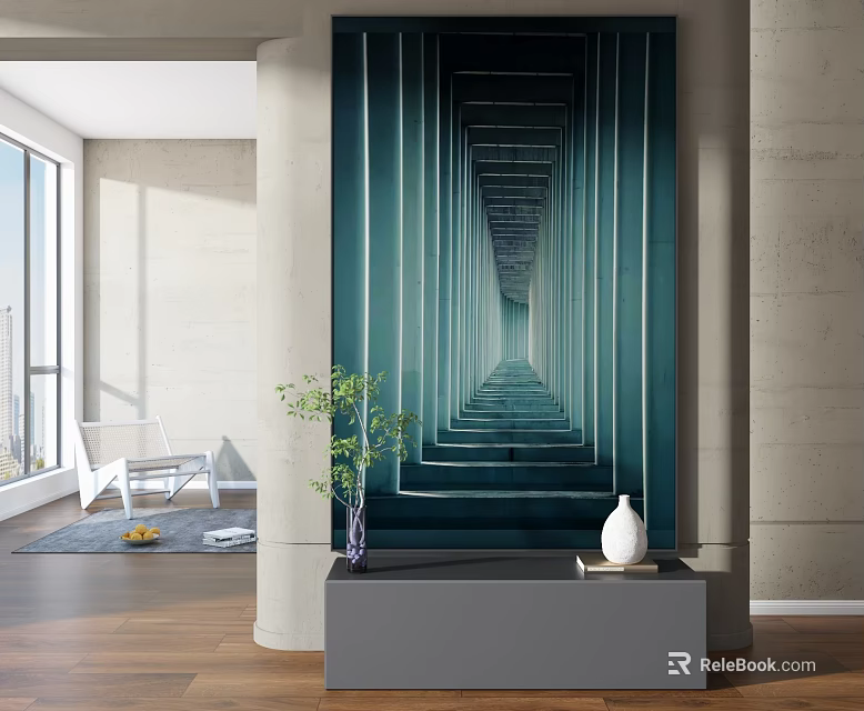 Modern Interior Decorative Ornament Set With Console Table Green Plant White Vase And Abstract Painting 3d model 