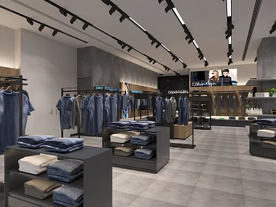 Clothing Store Interior With Hanging Clothes Folded Garments And Display Racks 3d model