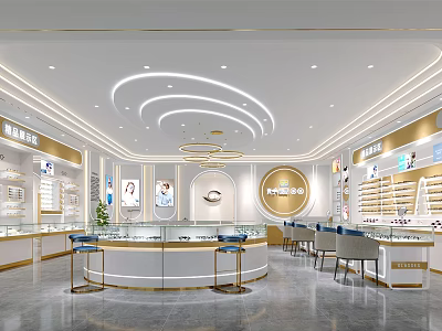 Modern Eyewear Store Interior With Glass Display Cases Counter Seating And Circular Lighting 3d model
