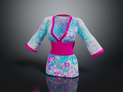 Colorful Kimono Style Dress With Floral Pattern Pink Belt And Wide Sleeves 3d model