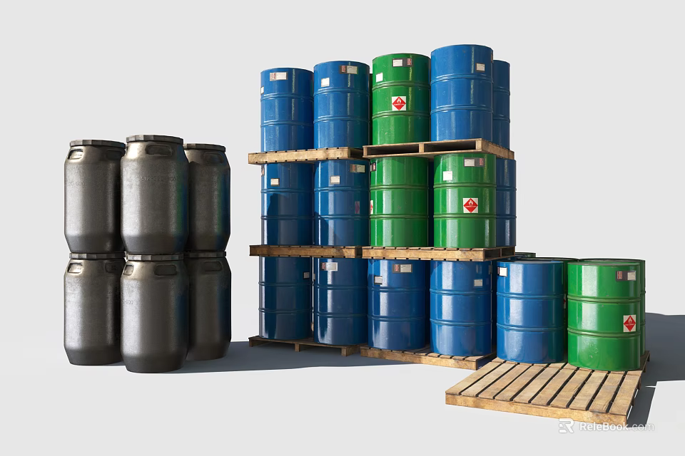 Industrial Storage Drums Equipment Stacked Blue Green Black On Wooden Pallets 3d model 