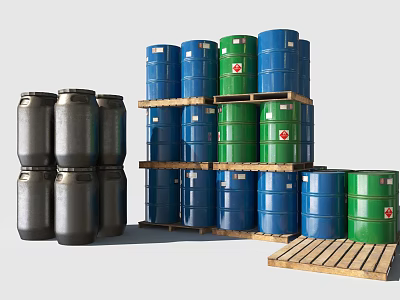 Industrial Storage Drums Equipment Stacked Blue Green Black On Wooden Pallets 3d model