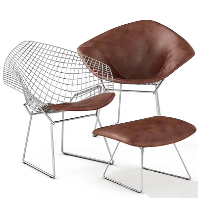 Modern Leisure Chair with Wire Mesh Backrest Brown Leather Seat and Ottoman 3d model