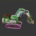 Industrial Excavator Featuring Tracks Mechanical Arm Bucket Red Components Yellow Label And Metal Build