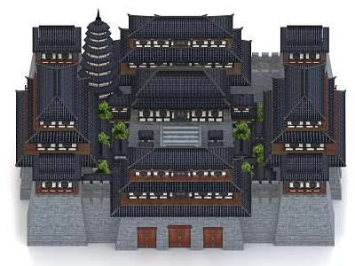 Ancient Architectural Complex With Traditional Roofs Towers City Walls And Courtyard Trees 3d model