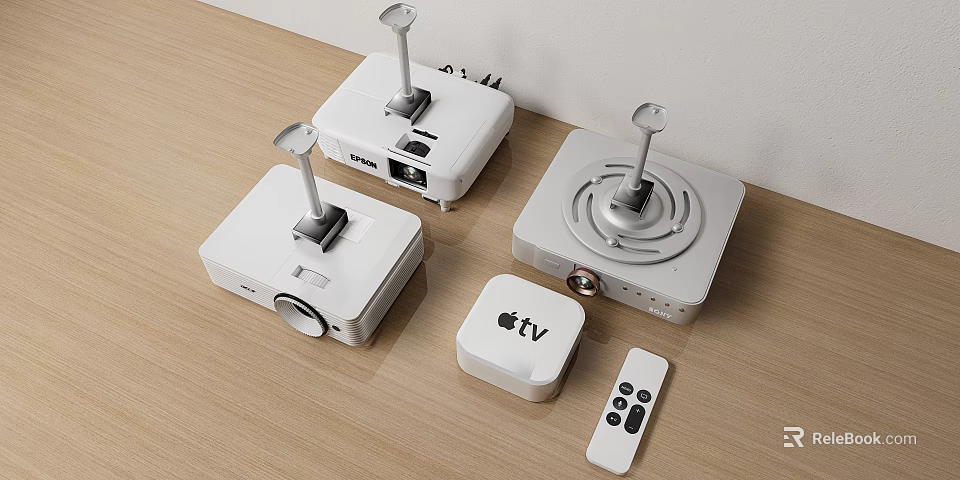 Professional Projection Monitoring Setup with Multiple Projectors Apple TV and Remote Control on Wooden Table 3d model 