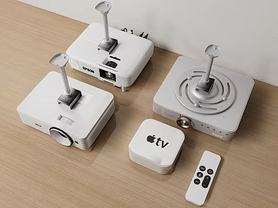 Professional Projection Monitoring Setup with Multiple Projectors Apple TV and Remote Control on Wooden Table 3d model