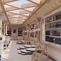Cultural Center Interior With Classical Arched Ceiling Chandelier Large Clock And Staircase