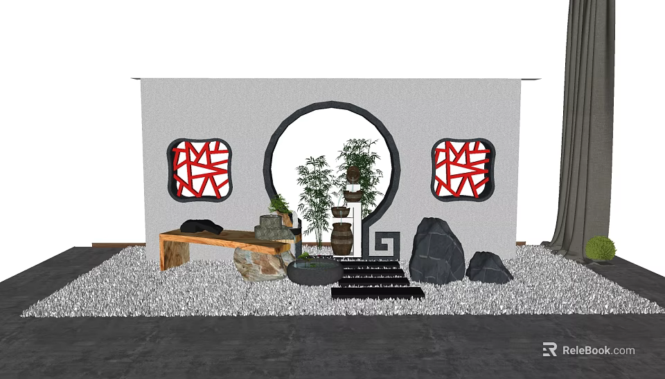Chinese Garden Ornaments Featuring Circular Archway Red Lattice Windows Bamboo Rock Formations and Stone Steps 3d model 