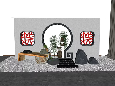 Chinese Garden Ornaments Featuring Circular Archway Red Lattice Windows Bamboo Rock Formations and Stone Steps 3d model