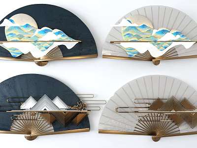 Fan Shaped Wall Decor With Mountain Landscape Moon And Metallic Accents 3d model