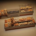Wooden Bakery Display Shelves With Glass Cases Holding Assorted Bread And Pastries