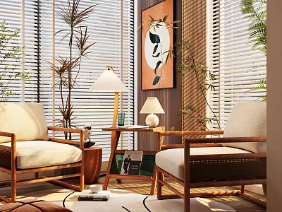 Casual Sofa Set With Wooden Frame Comfortable Cushions Green Plants Table Lamp And Decorative Rug 3d model
