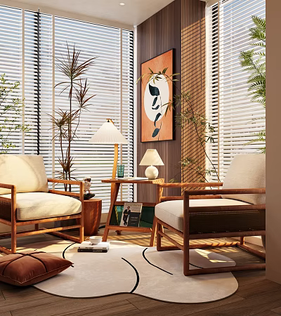Casual Sofa Set With Wooden Frame Comfortable Cushions Green Plants Table Lamp And Decorative Rug 3d model