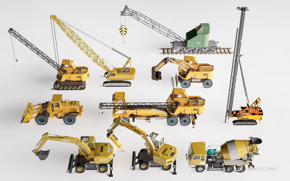 Various Utility Vehicles Including Crane Excavator Loader And Concrete Mixer For Construction 3d model 