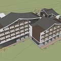 Modern Multi Story Boutique Hotel Building With Glass Facade Green Lawn And Water Reflection