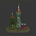 Fantasy Towers Model With Spires Circular Base Wooden Structures And Illuminated Windows