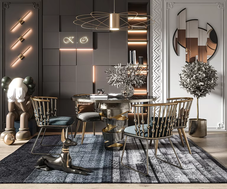Elegant Modern Dining Table Set With Metal Frame Chairs Blue Cushions And Decorative Plants 3d model 