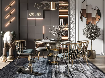 Elegant Modern Dining Table Set With Metal Frame Chairs Blue Cushions And Decorative Plants 3d model