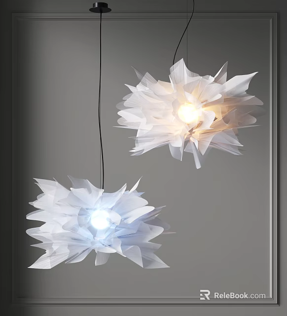 White Flower Shaped Pendant Lights With Layered Petals And Yellow Blue Light On Gray Wall 3d model 