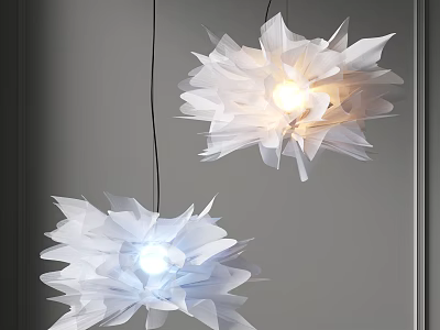 White Flower Shaped Pendant Lights With Layered Petals And Yellow Blue Light On Gray Wall 3d model