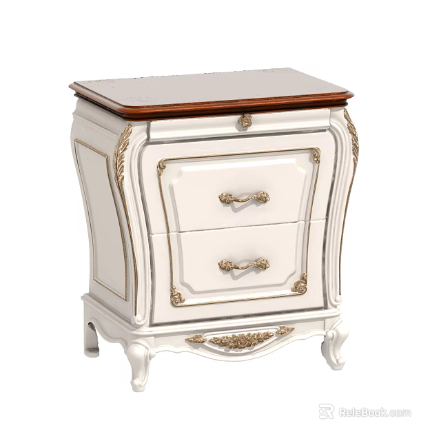 Classic White Bedside Table With Gold Accents Two Drawers And Carved Wooden Top 3d model 