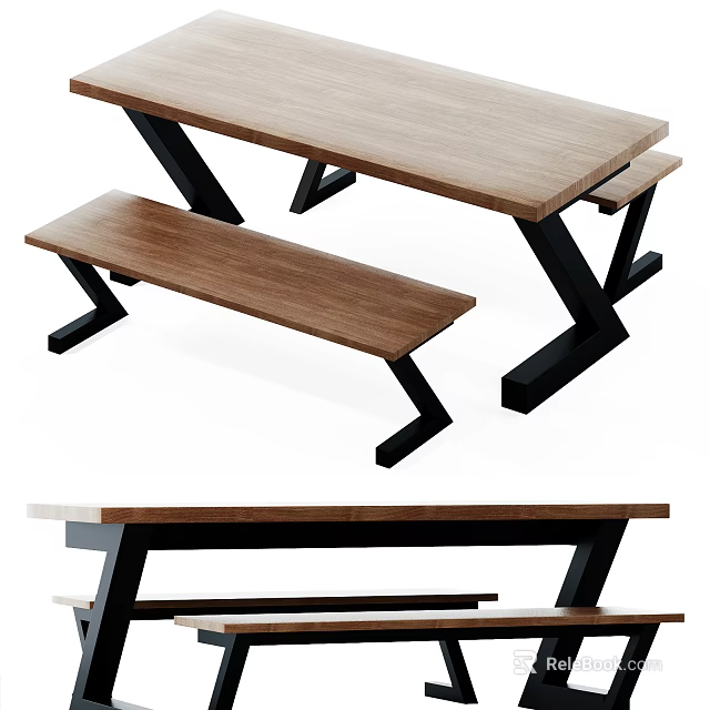 Modern Wooden Table with Bench Set and Black Metal Frame Design 3d model