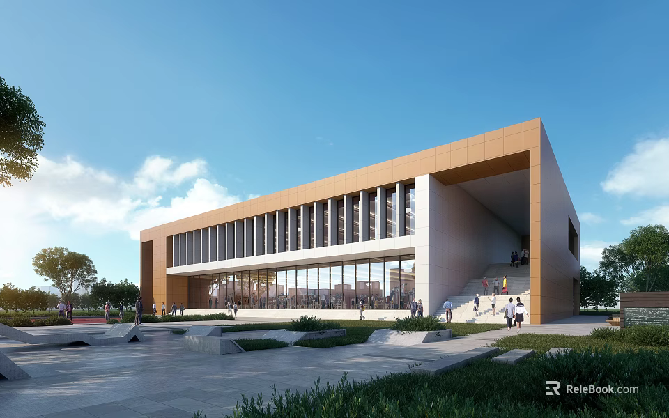 Modern Public Building With Brown White Exterior Large Glass Windows Square Steps People And Greenery 3d model 