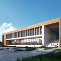 Modern Public Building With Brown White Exterior Large Glass Windows Square Steps People And Greenery