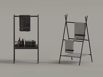 Black Metal Bathroom Towel Racks With Ladder Design And Hanging Towels 3d model