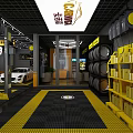 Modern 4S Car Dealership Workshop With White Sports Cars And Yellow Black Floor