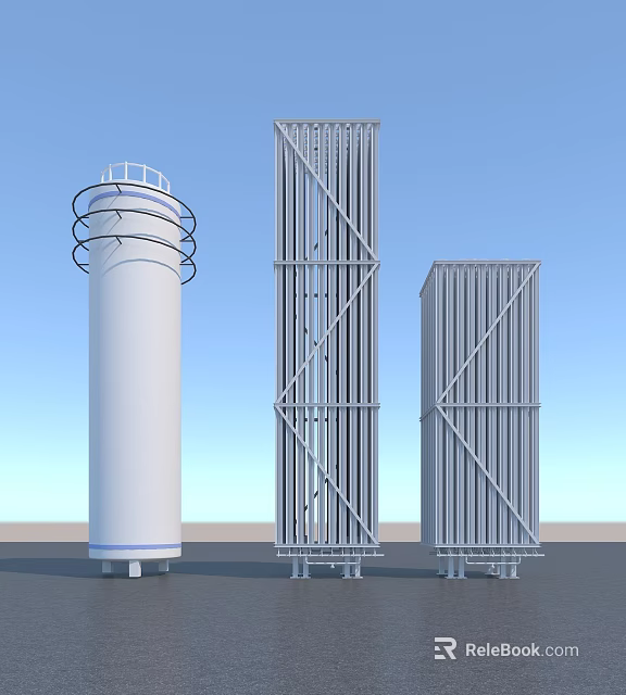 Industrial Equipment Featuring Cylindrical Tower And Rectangular Frame Structures With Vertical Fins 3d model 