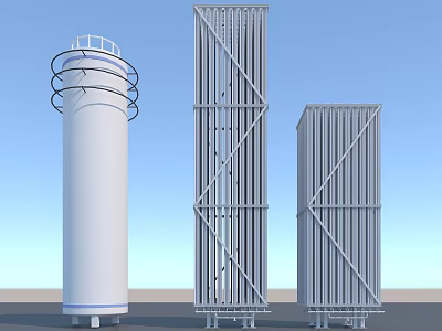 Industrial Equipment Featuring Cylindrical Tower And Rectangular Frame Structures With Vertical Fins 3d model