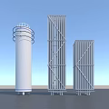 Industrial Equipment Featuring Cylindrical Tower And Rectangular Frame Structures With Vertical Fins