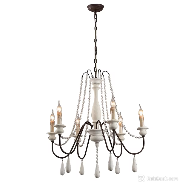 Vintage Style White Chandelier With Black Metal Frame And Pearl Decorations And Candle Shaped Bulbs 3d model 