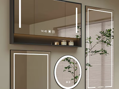Modern Bathroom Mirrors With LED Lighting Round And Rectangular Designs In Interior 3d model