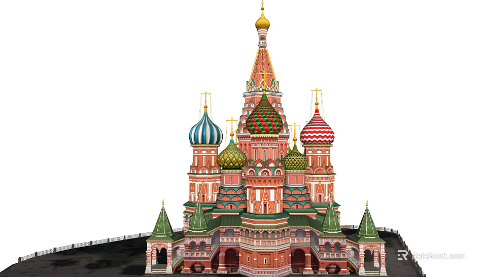 Historic Architectural Structure With Colorful Onion Domes Golden Spire And Red Walls 3d model 