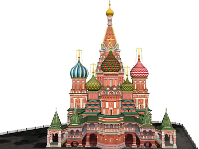 Historic Architectural Structure With Colorful Onion Domes Golden Spire And Red Walls 3d model