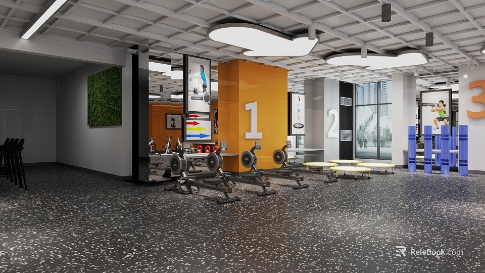 Modern Gym Interior With Workout Equipment Area Orange Wall Number 1 And Green Plant Decor 3d model 