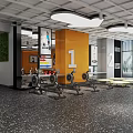 Modern Gym Interior With Workout Equipment Area Orange Wall Number 1 And Green Plant Decor