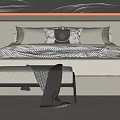 Modern Double Bed With Upholstered Headboard Decorative Pillows Bench And Wavy Line Wall Design