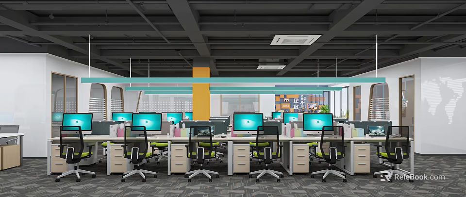 Modern Office Workspace Design With Multiple Computers Desks And Ergonomic Chairs 3d model
