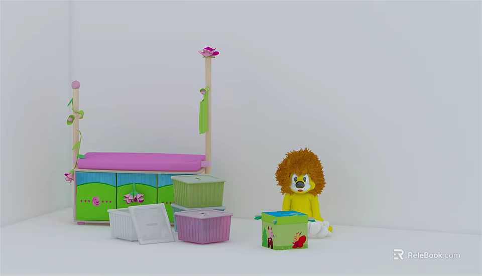 Cute Household Storage Items Featuring Pink Green Cabinet Colorful Boxes And Lion Doll 3d model 