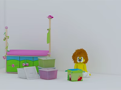Cute Household Storage Items Featuring Pink Green Cabinet Colorful Boxes And Lion Doll 3d model